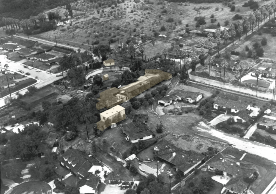 Aerial View of 1969 Flooding in Northern Glendora. Corner of Palm Drive and Live Oak Avenue. Showing Rubel Pharms, once the Albourne Rancho