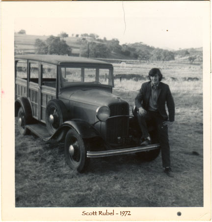 Scott Rubel in 1972 with 1934 Ford Woody. Midland School's Mascot.